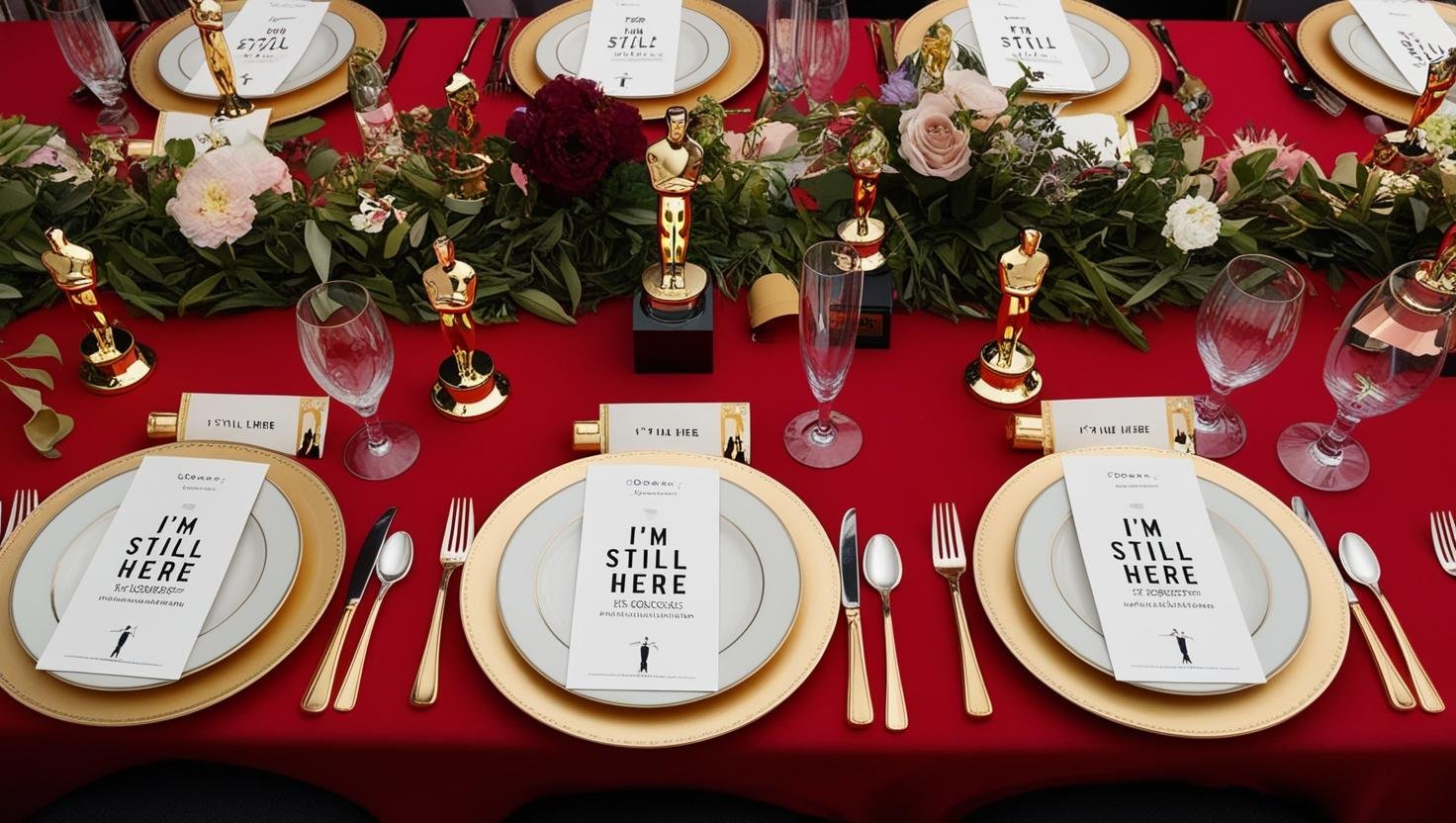 Claquetes e estatuetas na decoração da mesa do Oscar